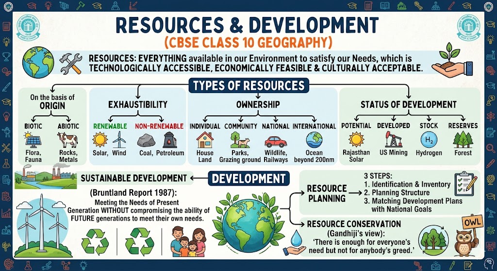 A detailed educational infographic titled "RESOURCES & DEVELOPMENT (CBSE CLASS 10 GEOGRAPHY)" featuring flowcharts and icons explaining resource definitions, classifications, sustainable development, and planning.