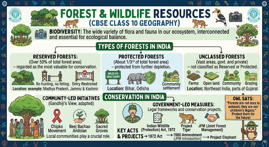 A colorful educational infographic titled "FOREST & WILDLIFE RESOURCES" explaining biodiversity, types of forests in India, community-led conservation movements, and government-led environmental projects.