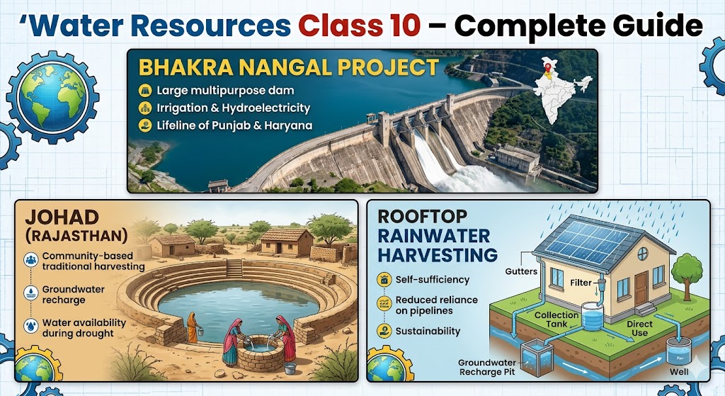 An educational infographic collage titled "Water Resources Class 10 – Complete Guide." It features a photo of the Bhakra Nangal Dam, an illustration of a Rajasthani Johad, and a technical diagram of rooftop rainwater harvesting, each with bulleted key points.