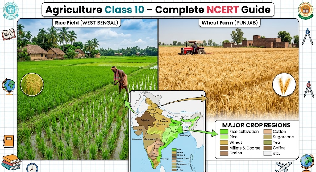 A split-screen infographic showing a lush green rice field in West Bengal on the left and a golden wheat farm with a tractor in Punjab on the right. An India map at the bottom displays major crop regions like rice, wheat, cotton, and tea.