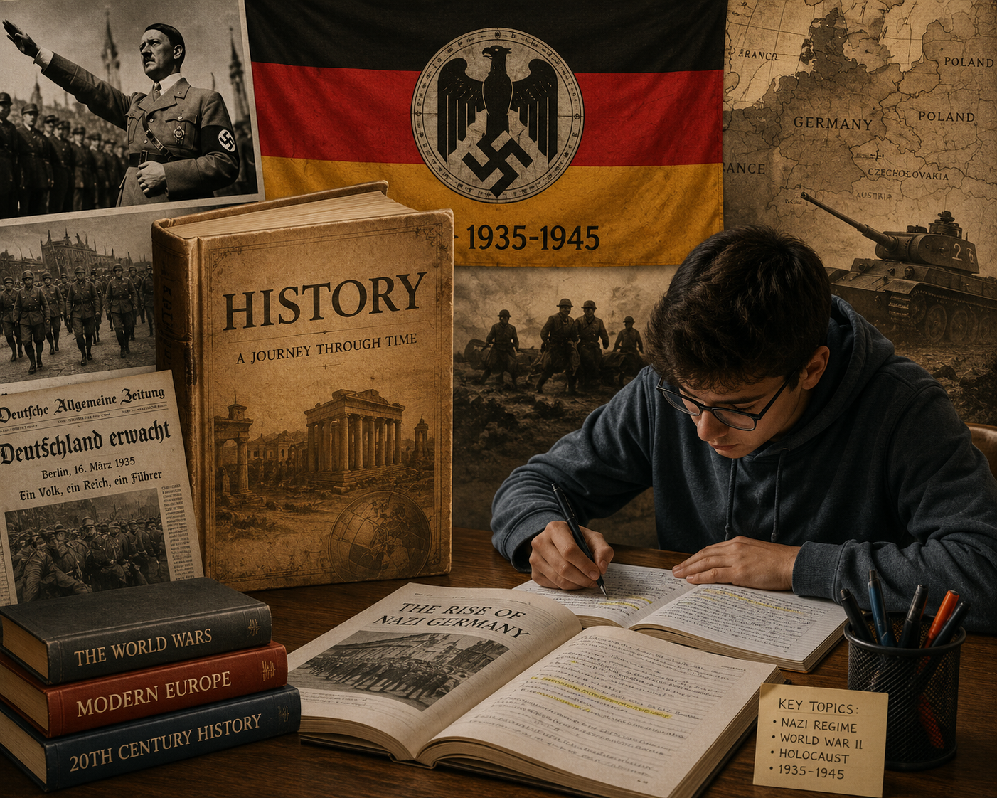Collage featuring a student studying history beside books, historical newspapers, World War II imagery, and a 1935–1945 German flag, representing the study of Nazi Germany and modern European history.