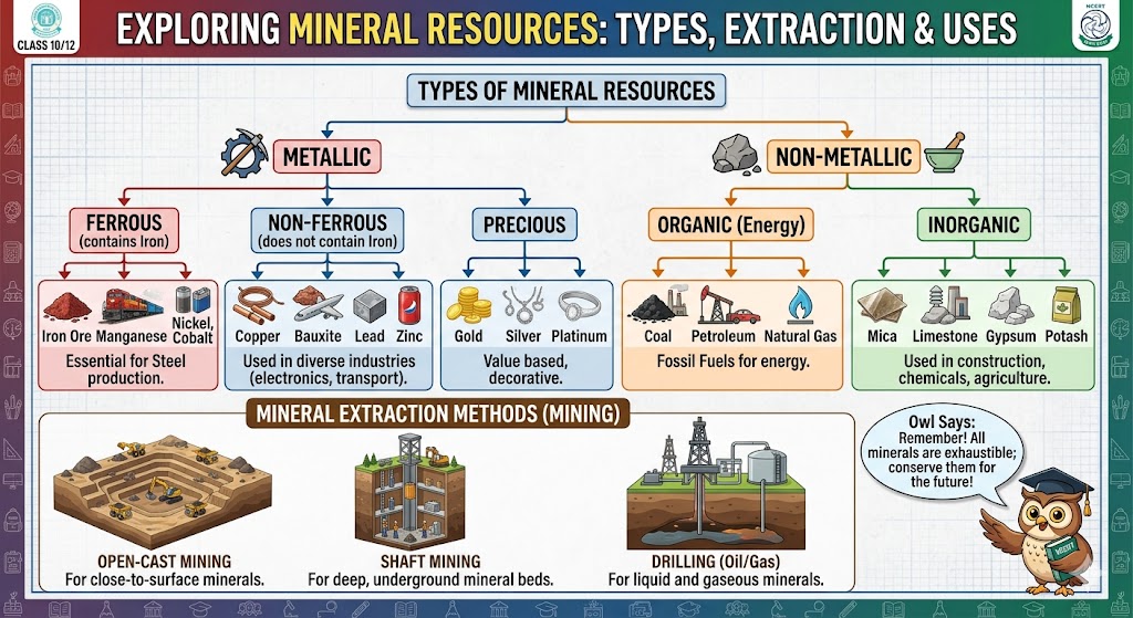 A detailed flowchart and illustration set for CBSE Class 10/12. It classifies minerals into Metallic (Ferrous, Non-Ferrous, Precious) and Non-Metallic (Organic, Inorganic) groups, describes mining methods like Open-cast and Shaft mining, and includes a conservation tip from an owl mascot.