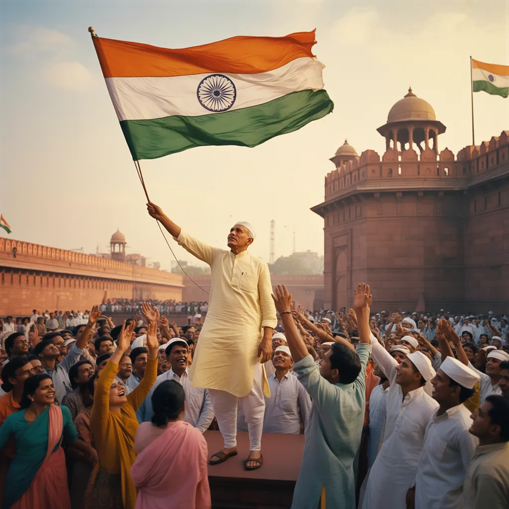 A cinematic digital collage titled "ACHIEVEMENT OF INDEPENDENCE" in bold 3D typography. The image features the Indian tricolor flag waving over the Red Fort, flanked by portraits of freedom fighters like Mahatma Gandhi and Bhagat Singh. The foreground includes a futuristic city skyline and a space rocket launching, symbolizing India's modern growth, all bathed in a warm, patriotic glow.