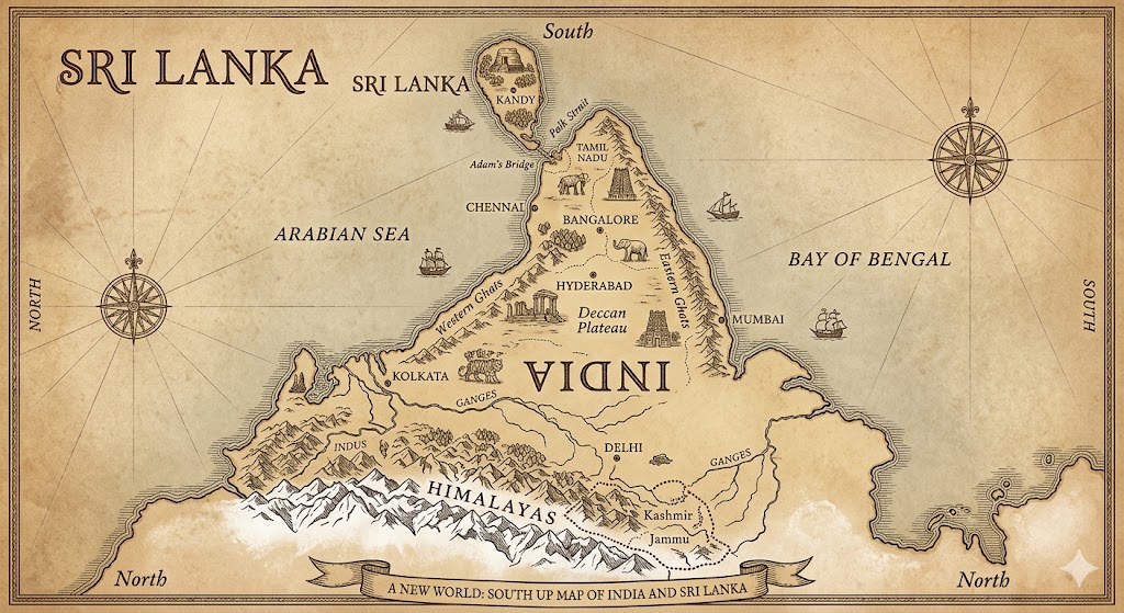 A vintage-style, south-up oriented map of India and Sri Lanka on aged parchment paper. Sri Lanka appears at the top of the map, connected to the inverted landmass of India below it by Adam's Bridge. The text "SRI LANKA" is prominently displayed in a decorative serif font at the top left, while the word "INDIA" is written upside down across the center of the landmass. Mountain ranges like the Himalayas are drawn at the bottom, and major geographical features and cities are labeled with classic typography.