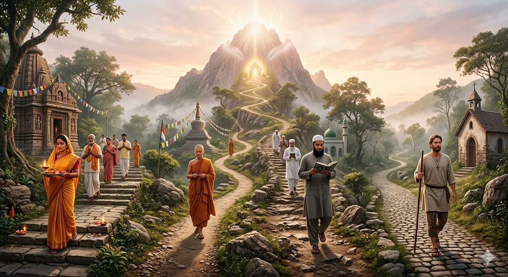 A panoramic digital painting showing diverse individuals representing different major world religions—including Hinduism, Buddhism, Islam, and Christianity—walking up distinct stone and dirt paths on a mountainside. Each path starts near a traditional place of worship (a Hindu temple, a Buddhist stupa, a mosque, and a Christian church) and winds upward through a misty landscape. All paths converge at the peak of the mountain, where a radiant, glowing golden archway symbolizes the divine.