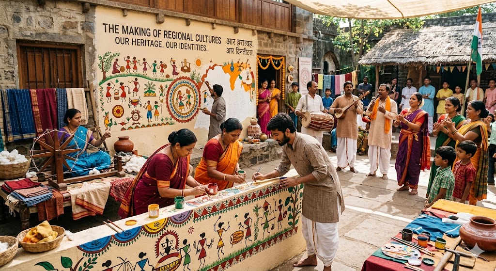 A bustling outdoor courtyard in India filled with people engaged in traditional arts. In the foreground, a man and two women in traditional attire paint intricate folk art (Warli and Madhubani styles) on a low wall and a large mural that reads "THE MAKING OF REGIONAL CULTURES." To the left, a woman operates a wooden spinning wheel (charkha) near colorful textiles. To the right, a group of musicians play traditional instruments while onlookers clap and cheer. The background features rural architecture and a small Indian flag fluttering in the breeze.