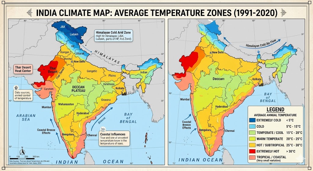 India climate map showing temperature zones