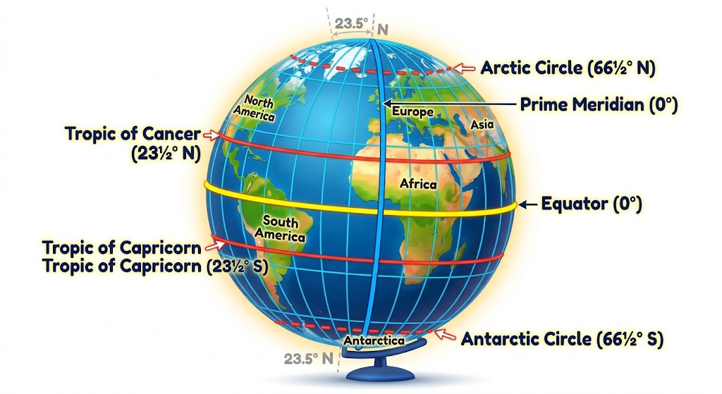 A colorful 3D educational illustration of the Earth on a stand, featuring a grid of red horizontal latitude lines and blue vertical longitude lines. The Equator is highlighted with a thick yellow line, and major parallels like the Tropics and Arctic/Antarctic circles are clearly labeled with their degrees.