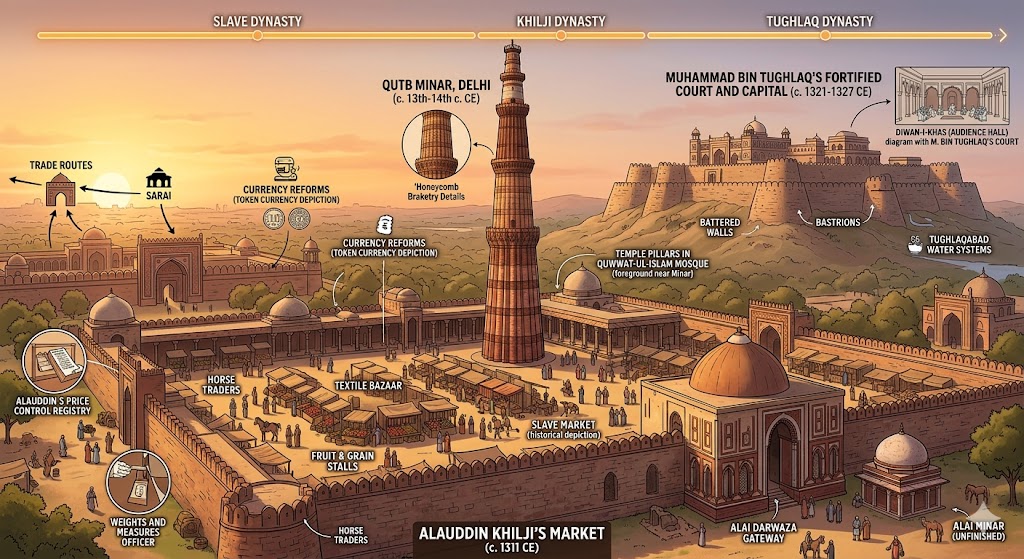 The Delhi Sultanate Class 9 ICSE History illustration showing Qutab Minar, Alauddin Khilji, and Muhammad bin Tughlaq