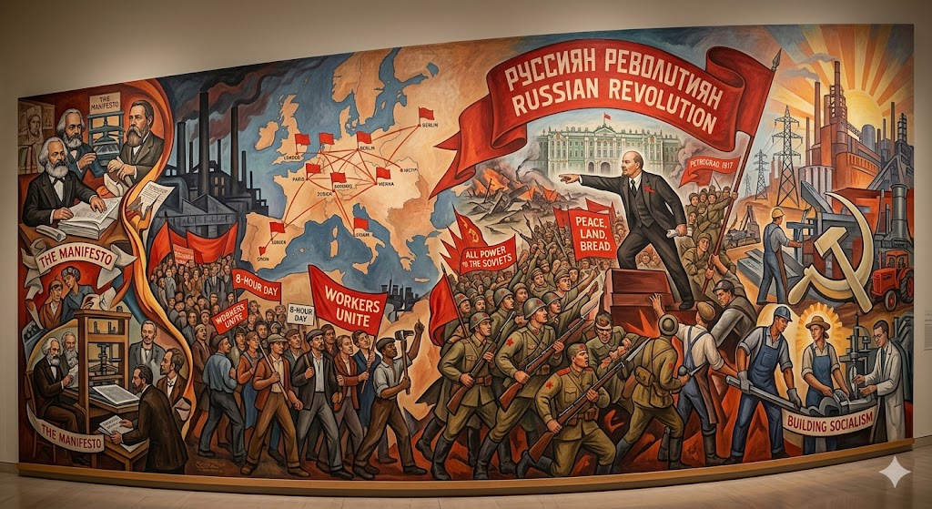 Illustrated mural depicting the rise of socialism and the Russian Revolution, featuring Karl Marx, Friedrich Engels, workers’ movements, Lenin addressing crowds, red flags, industrial factories, and Soviet symbols representing socialist ideology and revolution in Europe and Russia.