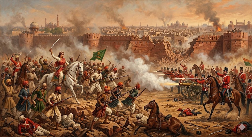 A panoramic historical painting depicting a fierce battle during the Indian Rebellion of 1857. On the left, Indian sepoys and a female leader on a white horse charge forward with swords and rifles. On the right, British soldiers in red coats fire muskets and a cannon. In the background, the smoke-filled horizon reveals the crumbling walls of a fortified city and iconic Mughal-style domes.