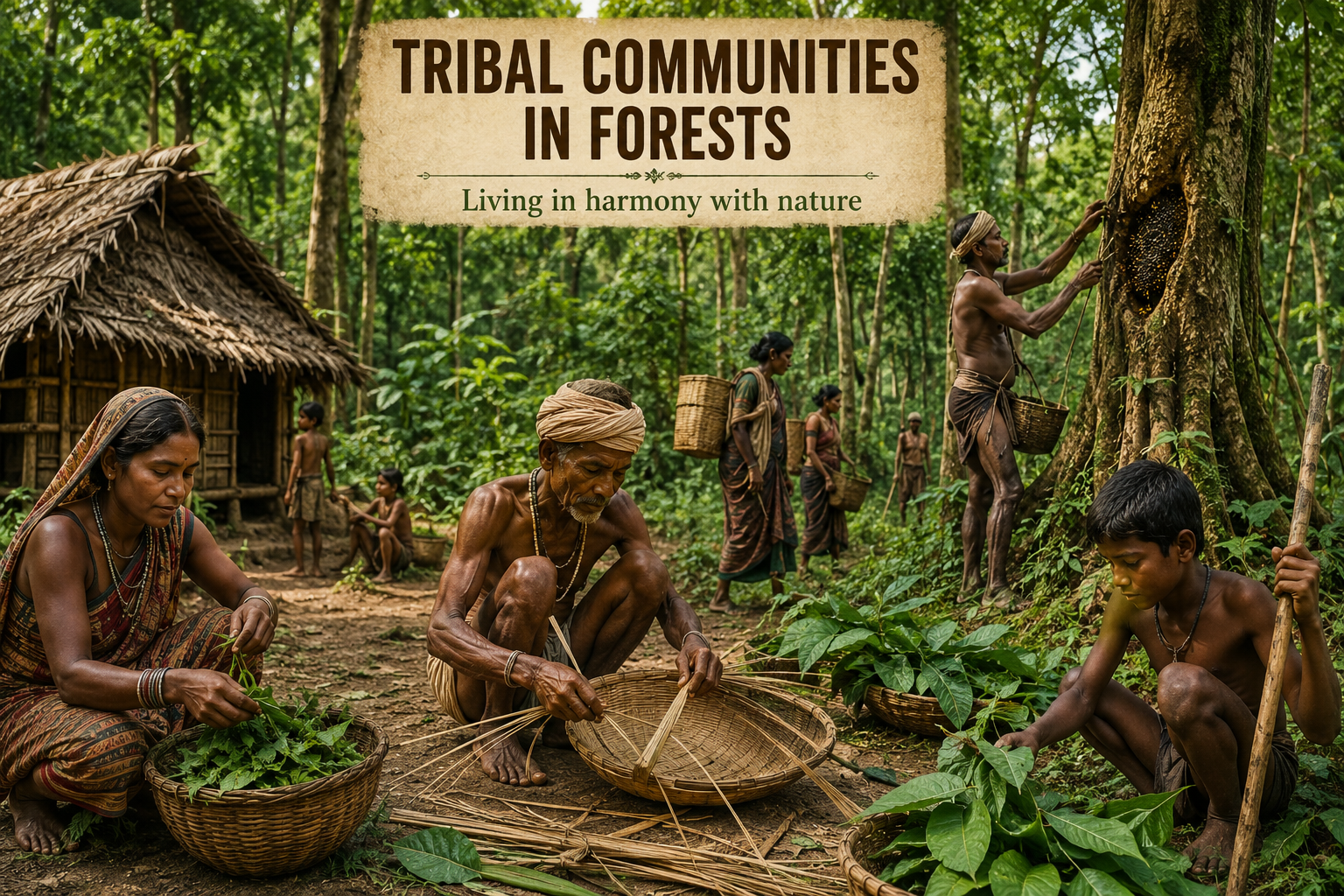 Illustration of tribal communities living in dense forests, showing families collecting forest produce, weaving baskets, and performing daily activities in harmony with nature.