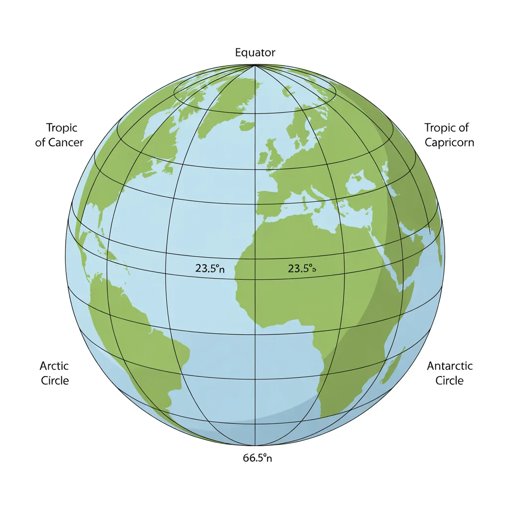 Illustration of the Earth showing important lines of latitude including the Equator, Tropic of Cancer, Tropic of Capricorn, Arctic Circle, and Antarctic Circle.