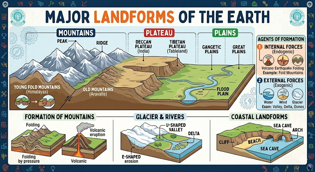 A detailed geography infographic showing the three main landforms: Mountains, Plateaus, and Plains. It includes diagrams of mountain formation (folding and volcanic), glacial valleys, and coastal features like sea arches and cliffs.
