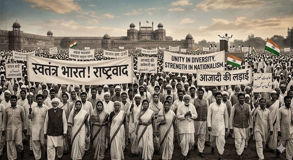 A vibrant graphic collage featuring the Indian tricolor flag waving dynamically alongside silhouettes of the Red Fort, Mahatma Gandhi, and a diverse group of citizens.