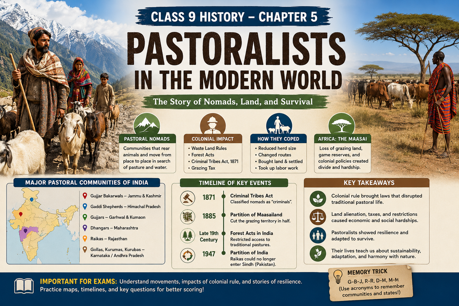 Educational infographic for Class 9 History Chapter 5 “Pastoralists in the Modern World,” showing pastoral communities of India and Africa, colonial impact, migration, timelines, maps, and key exam points with illustrated nomadic herders and livestock.