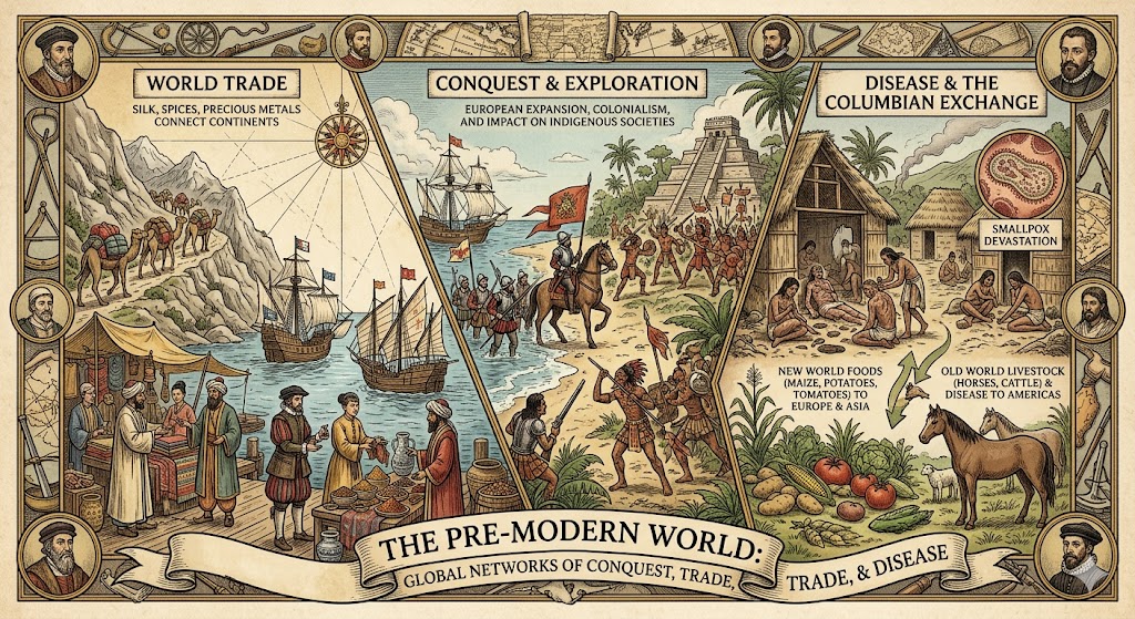 An intricate, historical-style illustration in three panels on a textured parchment background. Left panel: Camel caravan and ships labeled "SILK ROAD TRADE." Center panel: Conflict between soldiers and indigenous warriors labeled "CONQUEST & COLONIALISM." Right panel: Sick villagers receiving aid labeled "DISEASE (COLUMBIAN EXCHANGE)." Vintage map details and a weathered border. If you would like to generate an image based on this detailed description for your project, please let me know and I can create it for you.