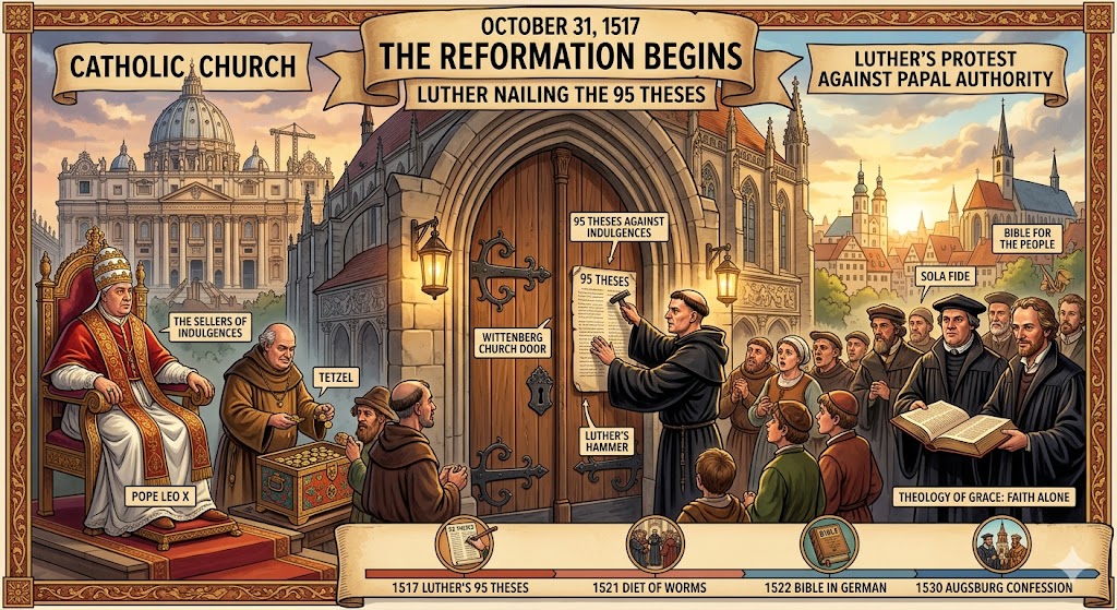 The Reformation Class 9 ICSE History illustration showing Martin Luther and the 95 Theses