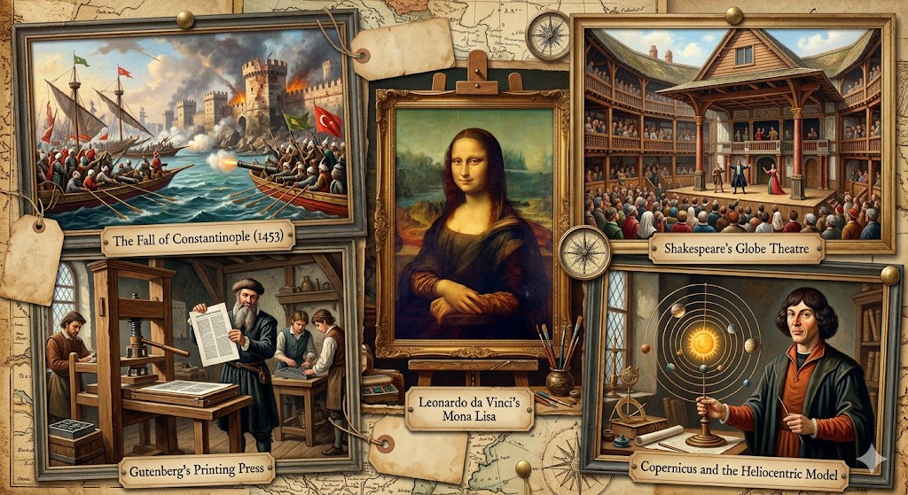 Renaissance collage showing fall of Constantinople, printing press, Leonardo da Vinci Mona Lisa, William Shakespeare, and Copernicus heliocentric model