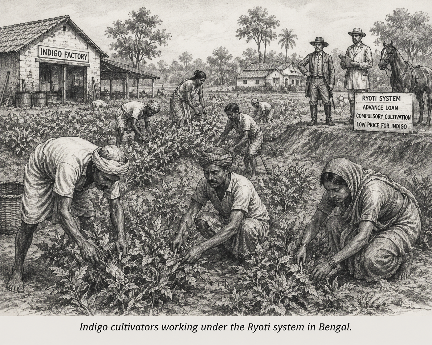 Indigo cultivators working under the Ryoti system in Bengal, shown as peasants laboring in an indigo plantation under the supervision of colonial planters during British rule.