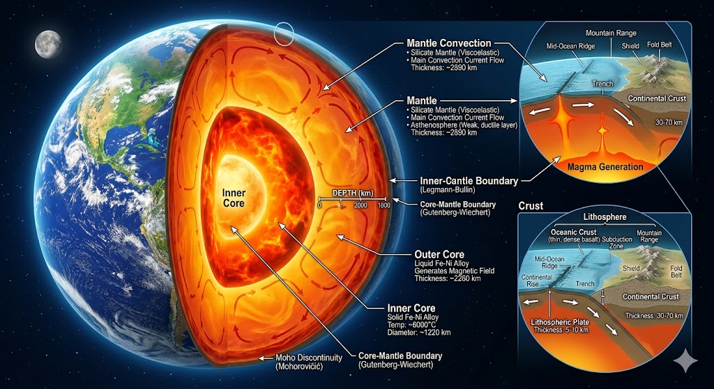The provided image of the Earth's structure features a realistic, cross-sectional view of the planet's layers, including the glowing inner core and the liquid outer core. Detailed inset boxes further illustrate scientific concepts such as mantle convection and the differences between oceanic and continental crust.