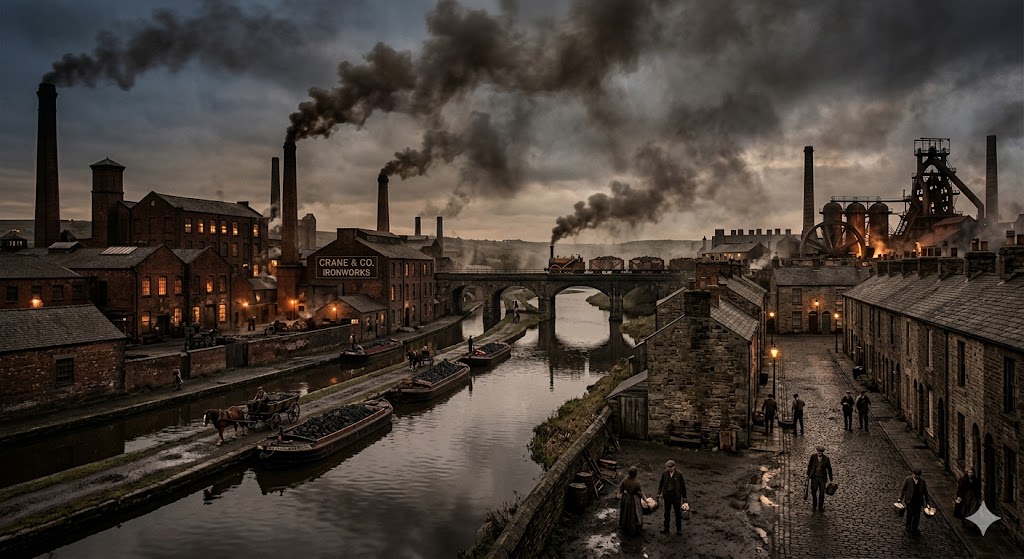 A wide, gritty 19th-century historical illustration of an industrial town under a dark, smoke-filled sky. A calm canal flows through the center, carrying long, narrow barges laden with black coal. To the left, large brick factories and ironworks, including one labeled "CRANE & CO. IRONWORKS," emit thick plumes of black smoke from tall chimneys. In the center background, an early steam locomotive crosses a stone arched viaduct. To the right, cobblestone streets are lined with stone terraced houses, where townspeople in period working-class clothing walk amidst gas lamps.