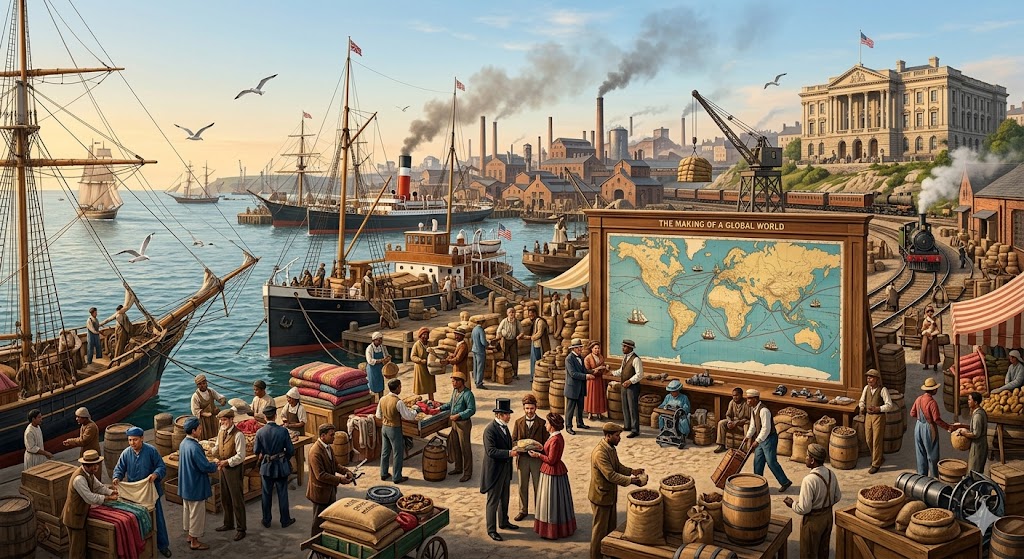 A detailed historical illustration of a 19th-century port bustling with activity. It shows various ships, including steam and sailing vessels, in the harbor, alongside a busy marketplace, industrial buildings with smokestacks, and a large government building on a hill.