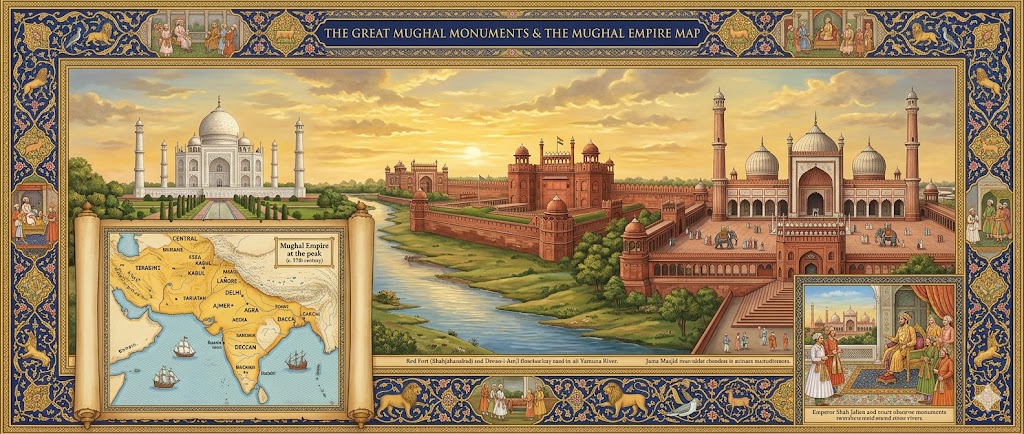 Mughal Empire monuments Taj Mahal Red Fort Jama Masjid and map of Mughal India