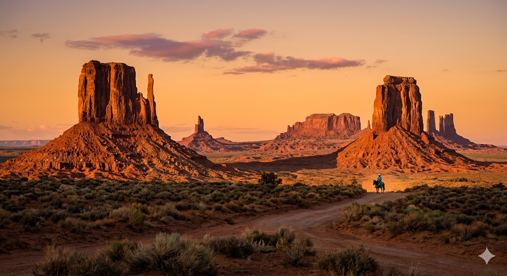 A wide landscape photograph captures Monument Valley Navajo Tribal Park during the golden hour. In the foreground, a winding, unpaved red dirt road leads into the desert, flanked by low-lying, dry brush. On the road, a solitary figure in a bright turquoise top sits on a horse, viewed from the back, adding a sense of scale to the environment. Dominating the background are three prominent, massive sandstone buttes—West Mitten, East Mitten, and Merrick Butte—rising dramatically from the flat desert floor. The rock formations glow in the rich orange-red light of the sunset. Above, the sky transitions from a deep orange-yellow near the horizon to a softer pale yellow, with a few soft, cotton-like clouds illuminated in a gentle pink.