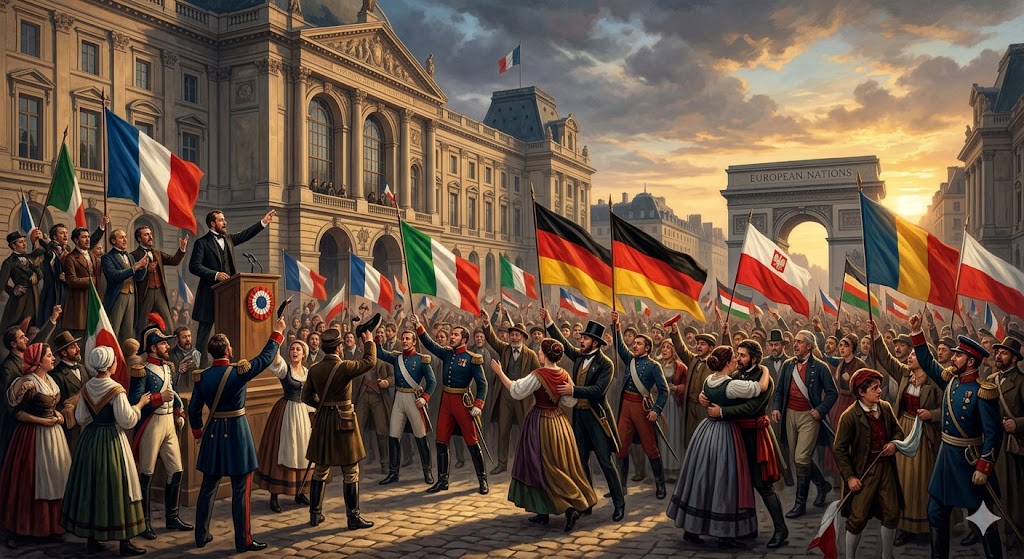 An oil-painting style illustration of a large 19th-century European crowd gathered in a public square. A man speaks from a wooden podium on the left, while people in period attire and military uniforms wave flags from various nations, including France, Italy, Germany, Poland, and Romania. A grand neoclassical building stands in the background, with a triumphal arch under a sunset sky on the right.