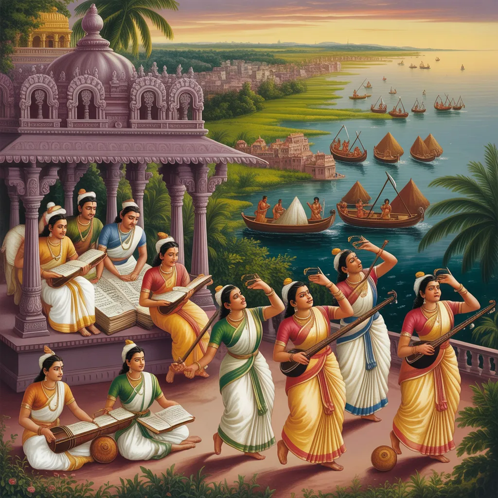 Illustration of the Sangam Age showing Tamil scholars, poets, and musicians performing near a coastal city with trading boats and temples in the background.
