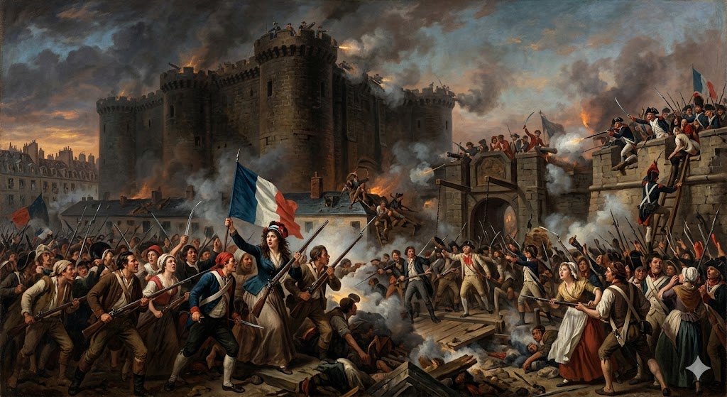 A wide, detailed painting of a chaotic battle scene during the French Revolution. In the center, a woman holds a French tricolor flag aloft amidst a crowd of armed revolutionaries advancing toward a massive, smoking stone fortress.