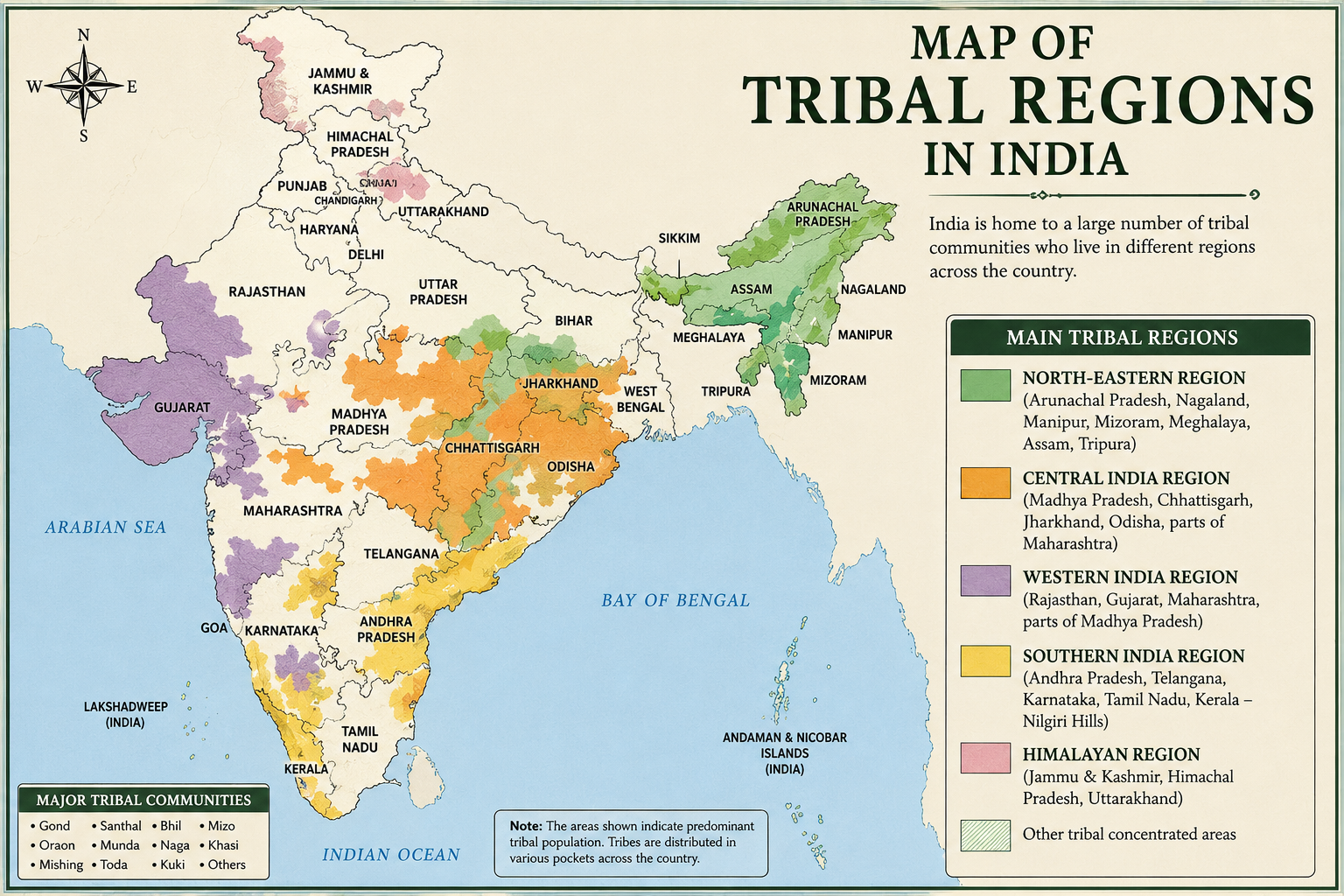 Illustrated map of India highlighting major tribal regions and indigenous communities across central, northeastern, eastern, and southern parts of the country.
