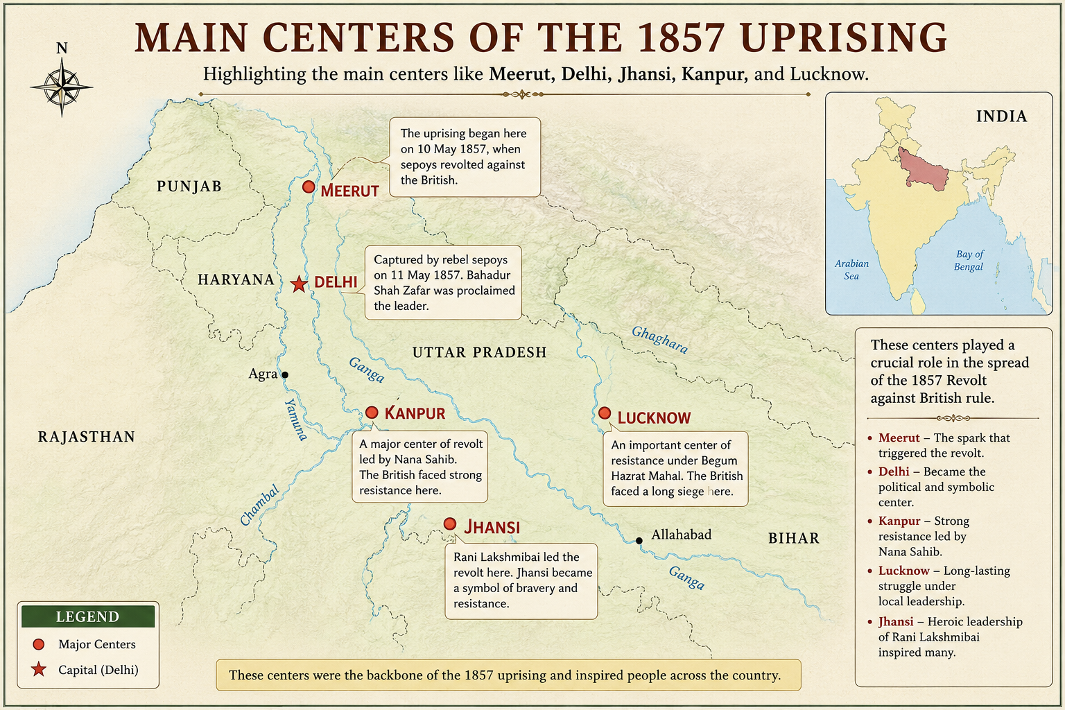Educational map of the Revolt of 1857 highlighting major centers such as Meerut, Delhi, Jhansi, Kanpur, and Lucknow with marked locations and historical notes.
