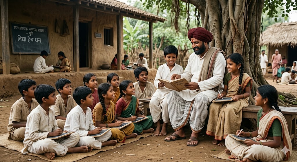 An image depicting the 19th-century Indian social reformer Mahatma Jyotiba Phule teaching a group of young, diverse children in an outdoor village school setting. Jyotiba Phule, wearing a traditional white dhoti, kurta, a shawl, and a prominent maroon turban, sits on a wooden bench under a large banyan tree, smiling as he holds an open book. Around him, boys and girls sit attentively on the ground and on benches, holding small slate boards and chalk, engaged in learning. The background features simple mud houses, a thatched roof structure, and a blackboard with Marathi script written on it, evoking the historic atmosphere of early social reform and education in rural Maharashtra.
