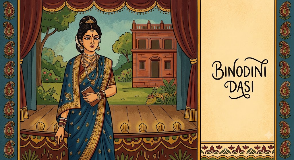 A 2D digital illustration of Nati Binodini Dasi in a blue and gold silk saree, holding a book on a historic 19th-century Bengali theater stage with crimson curtains.