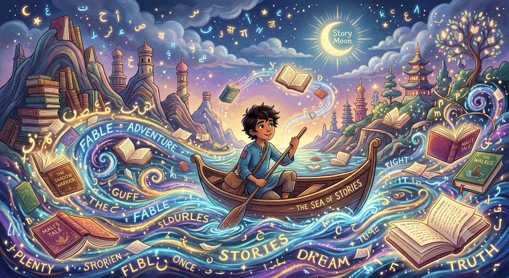 Haroun traveling on the Sea of Stories surrounded by floating words, books, and magical narrative elements in a fantasy landscape