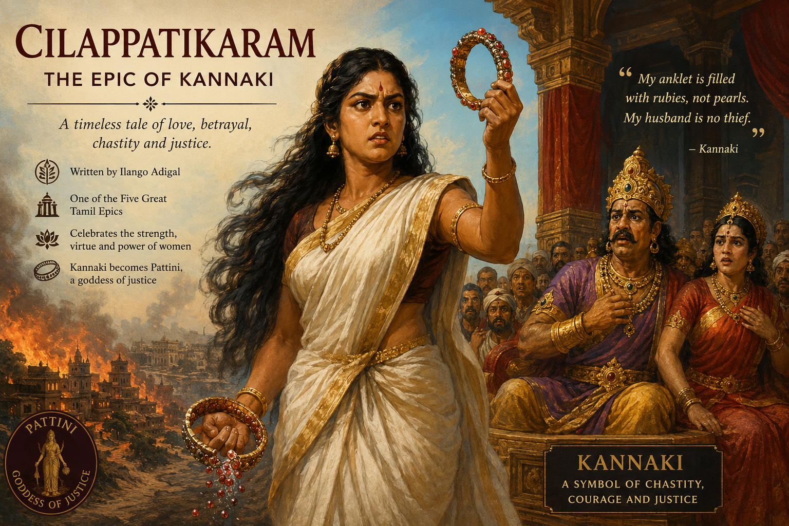 Kannaki confronting the Pandya king in Cilappatikaram, a classic Tamil epic by Ilango Adigal