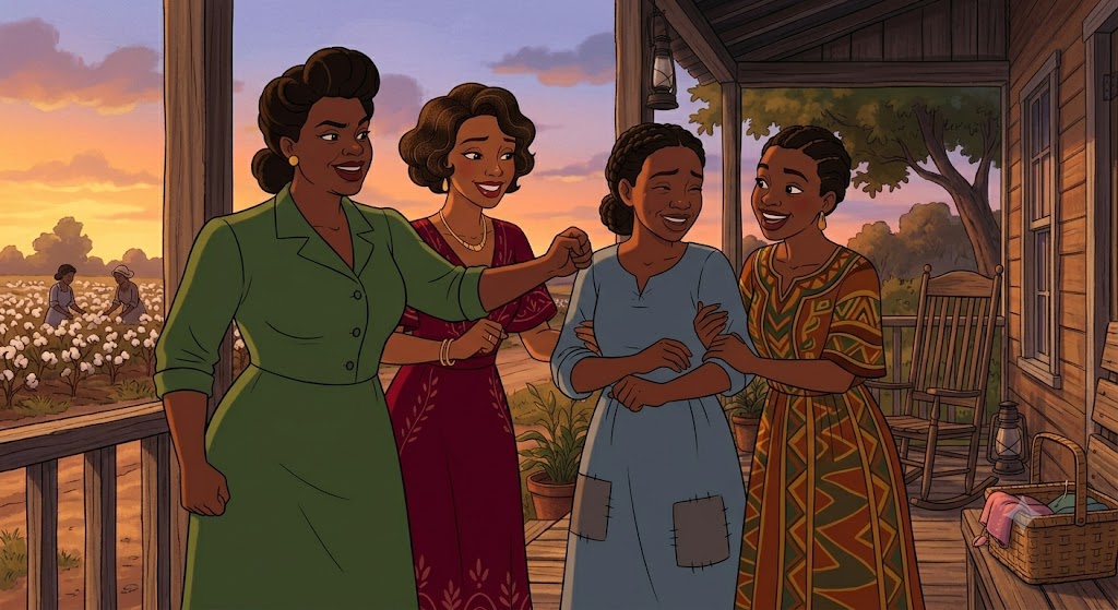 Celie, Nettie, Sofia, and Shug Avery representing sisterhood and female empowerment in The Color Purple