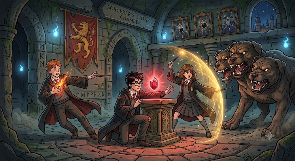 Harry, Ron, and Hermione demonstrating courage, humility, and self-sacrifice while protecting the Sorcerer's Stone.