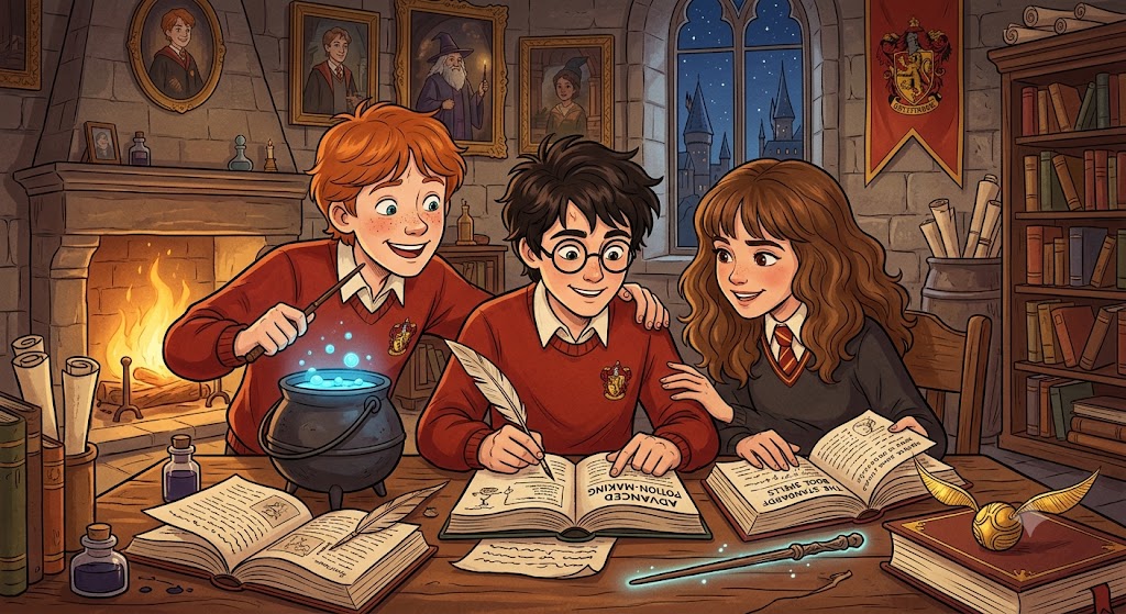 Harry Potter with Ron and Hermione demonstrating friendship, love, and teamwork at Hogwarts.