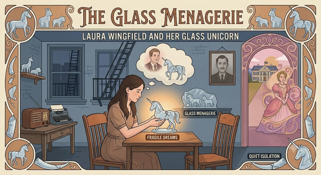 Laura Wingfield holding a glass unicorn in The Glass Menagerie by Tennessee Williams