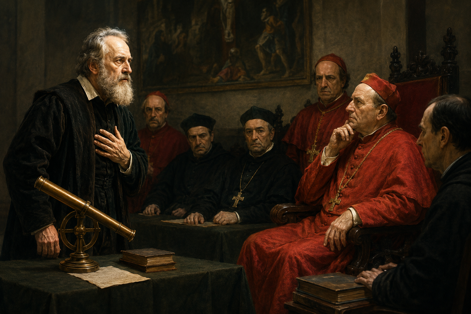 Galileo Galilei standing before Church officials during an Inquisition hearing, defending his scientific discoveries in Bertolt Brecht's Life of Galileo.