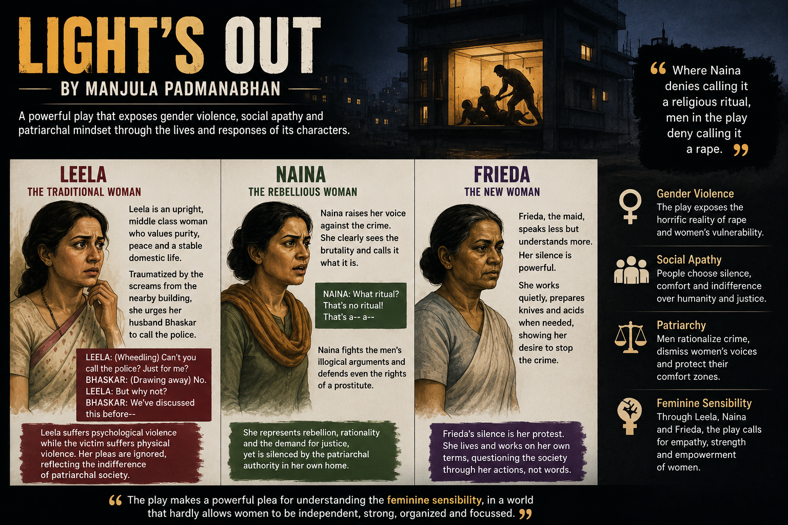 Leela, Naina and Frieda representing different types of women in Light’s Out