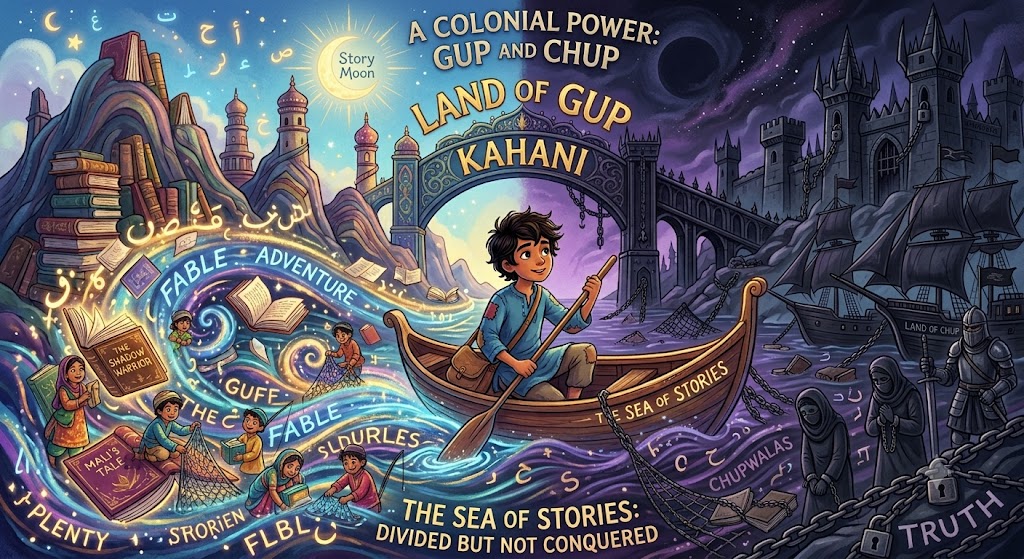 Split symbolic world of Gup and Chup representing colonial power structures in Haroun and the Sea of Stories