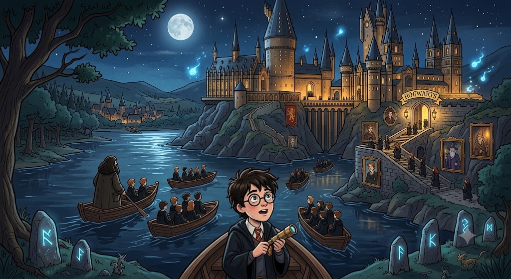 Harry Potter arriving at Hogwarts and discovering his place in the wizarding world.