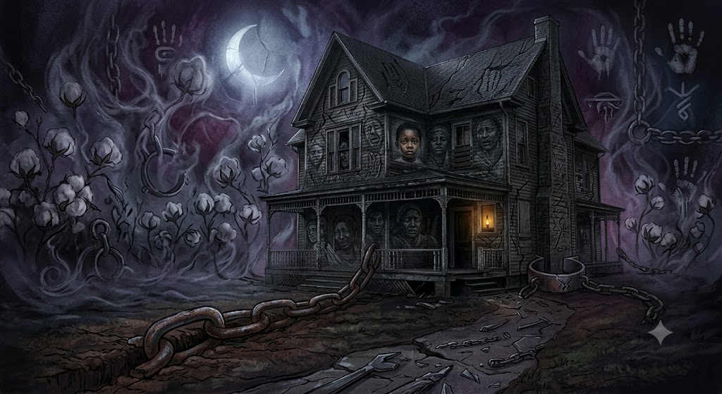 Haunted plantation house representing Toni Morrison’s Beloved and themes of slavery and memory