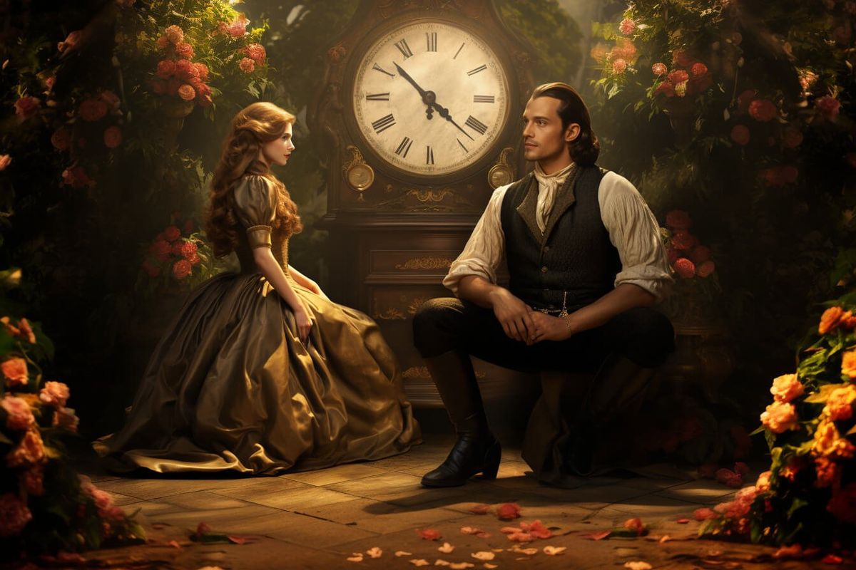 A man and woman seated before a large clock in a romantic garden, symbolizing true love and realism in Shakespeare's Sonnet 130.