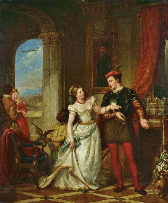 A Renaissance noblewoman and a young nobleman standing in an elegant palace chamber, symbolizing beauty, love, and the fleeting nature of youth in Shakespeare's Sonnet 65