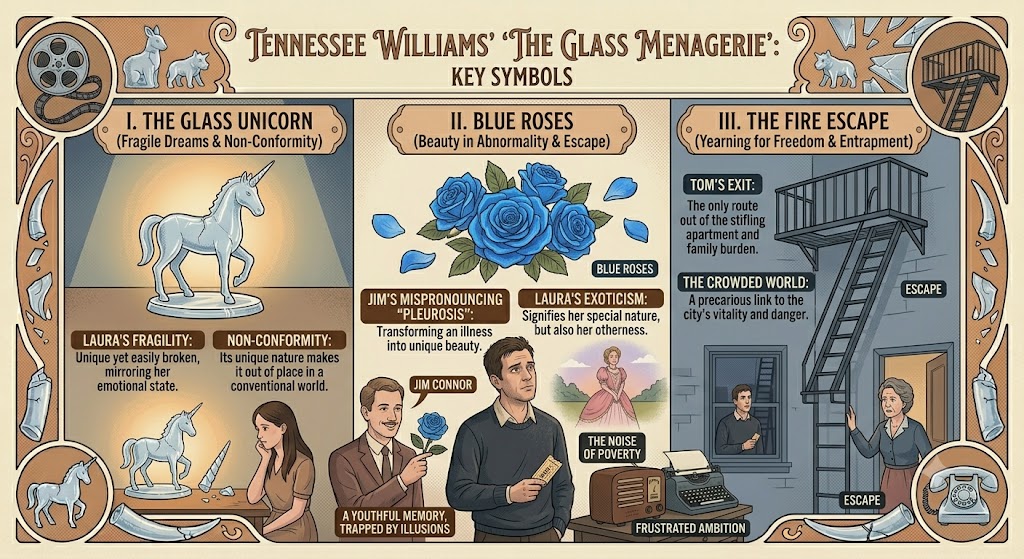 Glass unicorn, blue roses, and fire escape symbolizing major themes in The Glass Menagerie